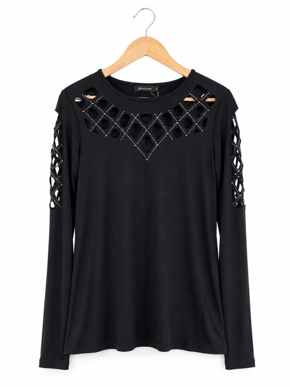 Black Cutout Rhinestone Detail Long Sleeve Top